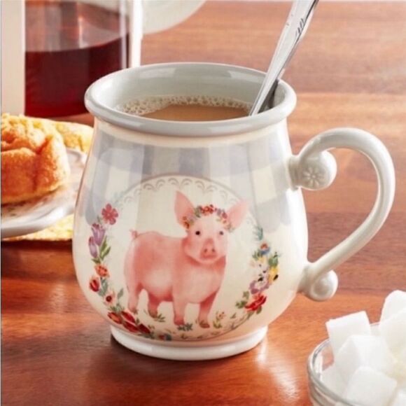 The Pioneer Woman set of 4 gingham check Pig belly mugs - Picture 2 of 6